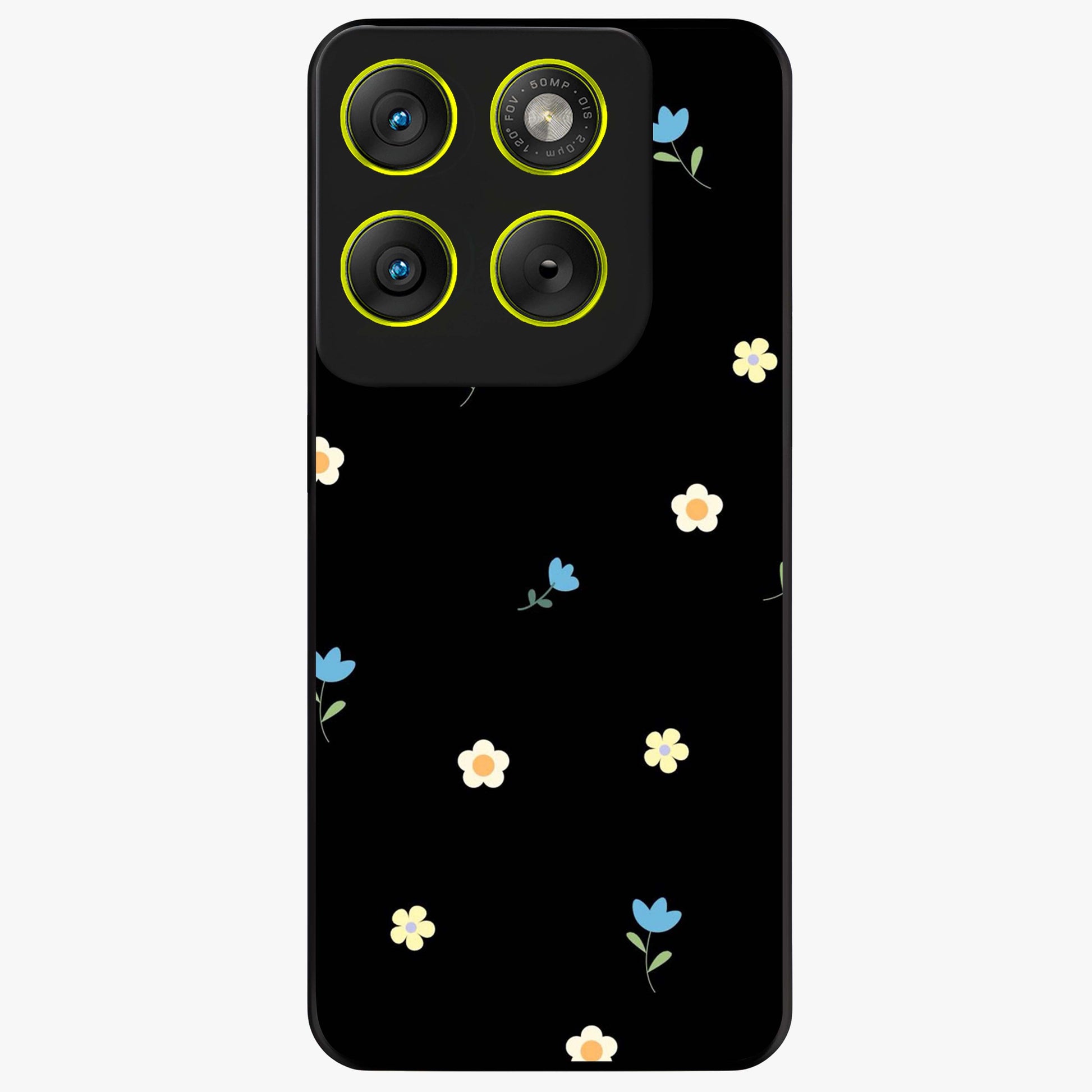 Minimalistic Blue With White Flower Pattern Glass Case showing flat back view with blue background and white flower pattern and glossy glass finish.