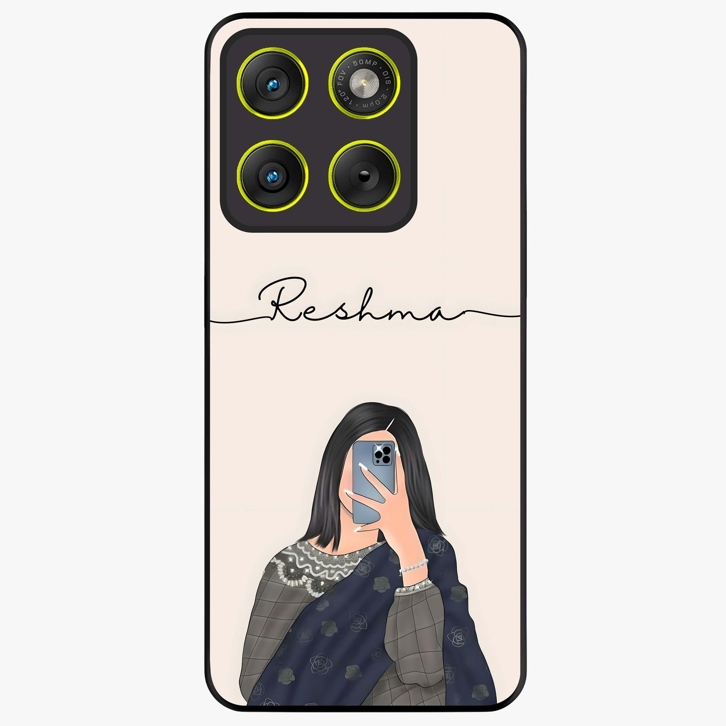 Mirror Mood Muse With Custom Name Glass Case showing flat back view with stylish mirrored artwork and personalized name design.