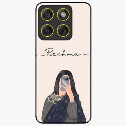 Mirror Mood Muse With Custom Name Glass Case showing flat back view with stylish mirrored artwork and personalized name design.