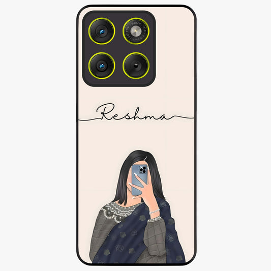 Mirror Mood Muse With Custom Name Glass Case showing flat back view with stylish mirrored artwork and personalized name design.