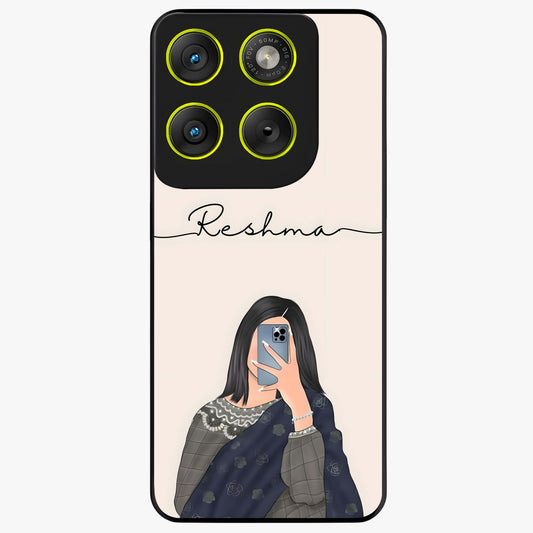 Mirror Mood Muse With Custom Name Glass Case showing flat back view with stylish mirrored artwork and personalized name design.
