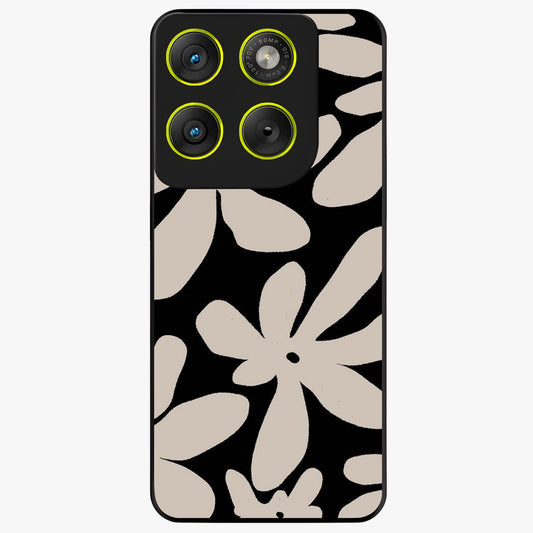 Monochrome Petal Dance Glass Case showing flat back view with monochrome floral artwork and glossy glass finish.