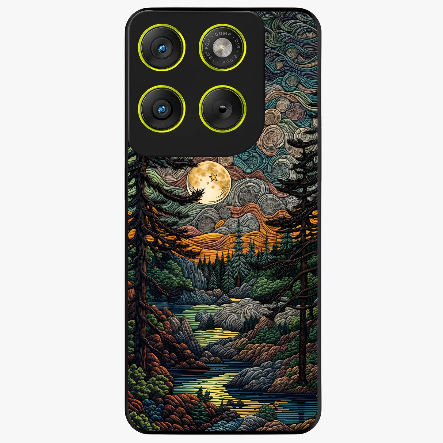 Moonlight Forest Dream Glass Case showing flat back view with mystical forest moonlight artwork and glossy glass finish.