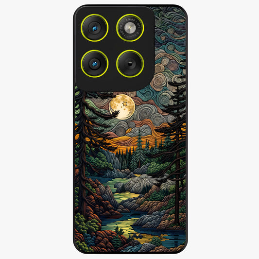Moonlight Forest Dream Glass Case showing flat back view with mystical forest moonlight artwork and glossy glass finish.