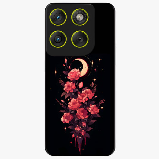 Moonlit Floral Elegance Glass Case showing flat back view with elegant floral artwork under moonlit tones and glossy glass finish.