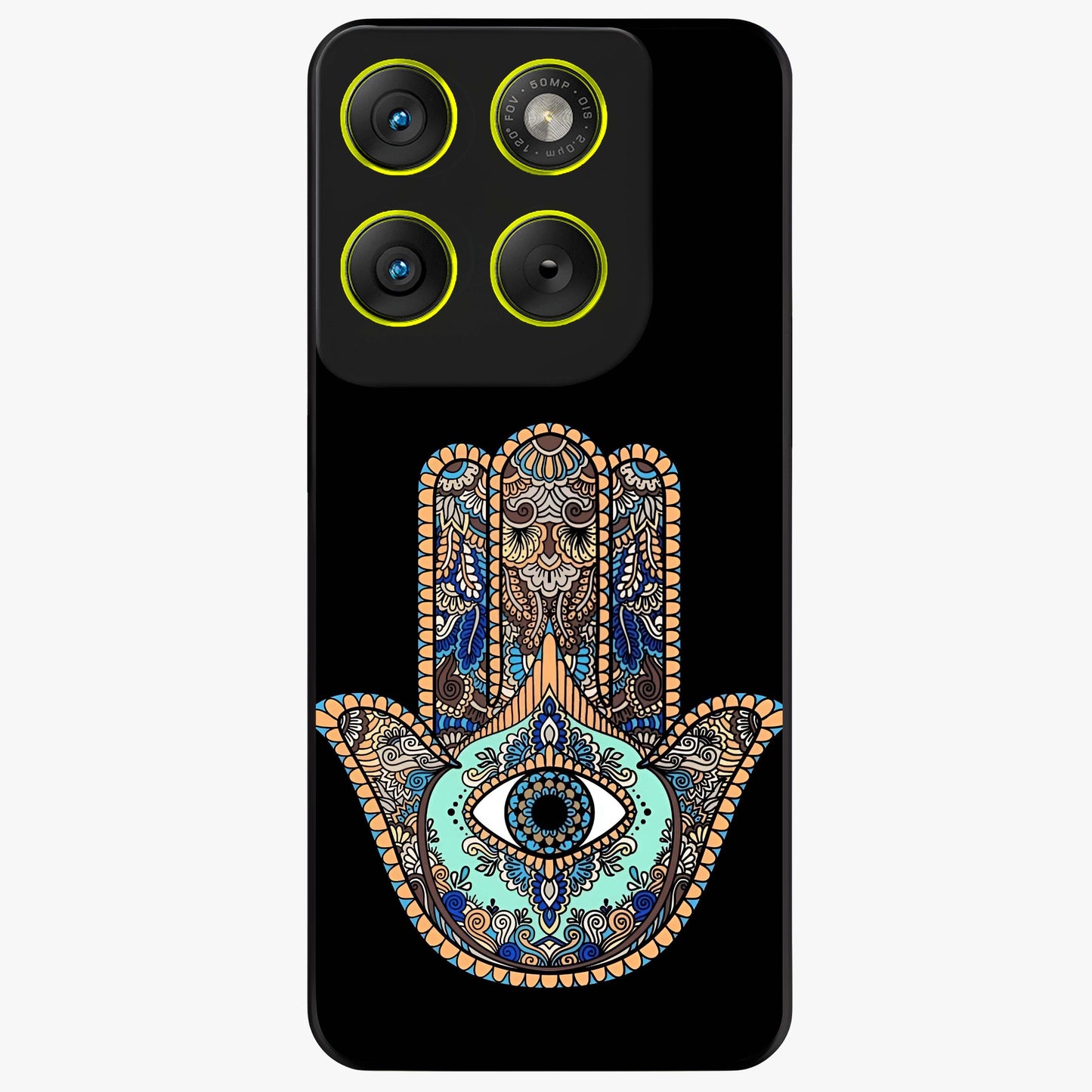 Mystic Hamsa Eye Glass Case showing flat back view with protective hamsa hand and evil eye artwork and glossy glass finish.