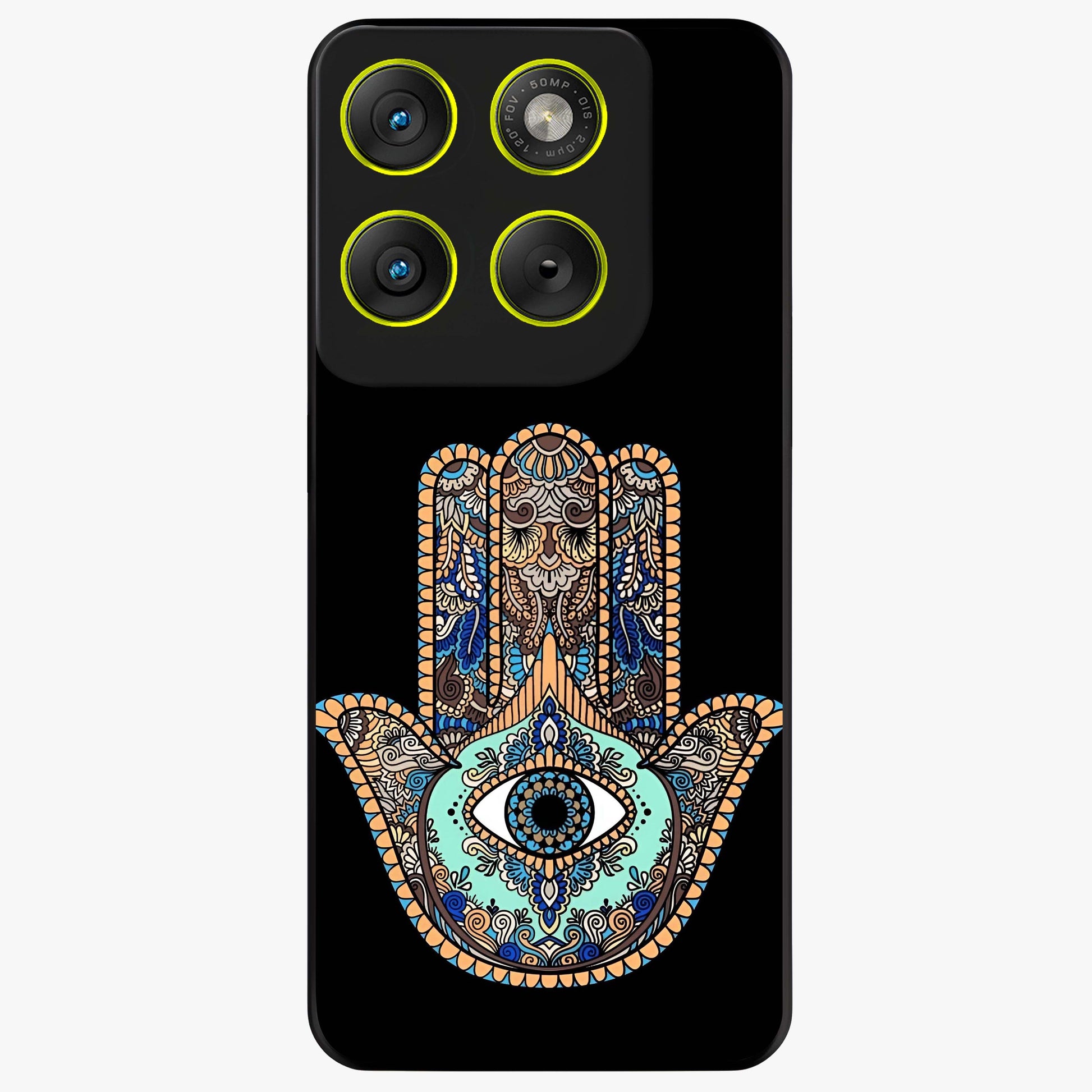 Mystic Hamsa Eye Glass Case showing flat back view with protective hamsa hand and evil eye artwork and glossy glass finish.