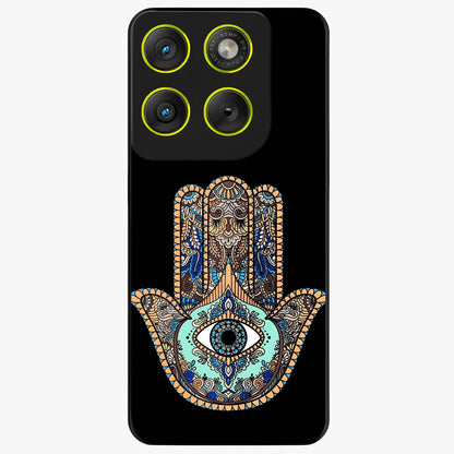 Mystic Hamsa Eye Glass Case showing flat back view with protective hamsa hand and evil eye artwork and glossy glass finish.