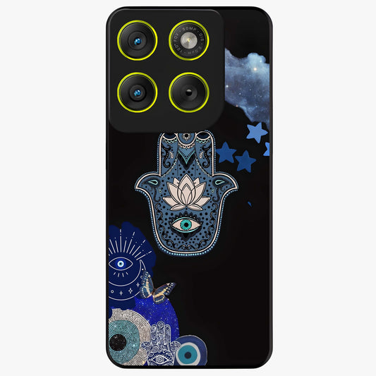 Mystic Hand Aura Glass Case showing flat back view with mystical hand symbol artwork and glossy glass finish.