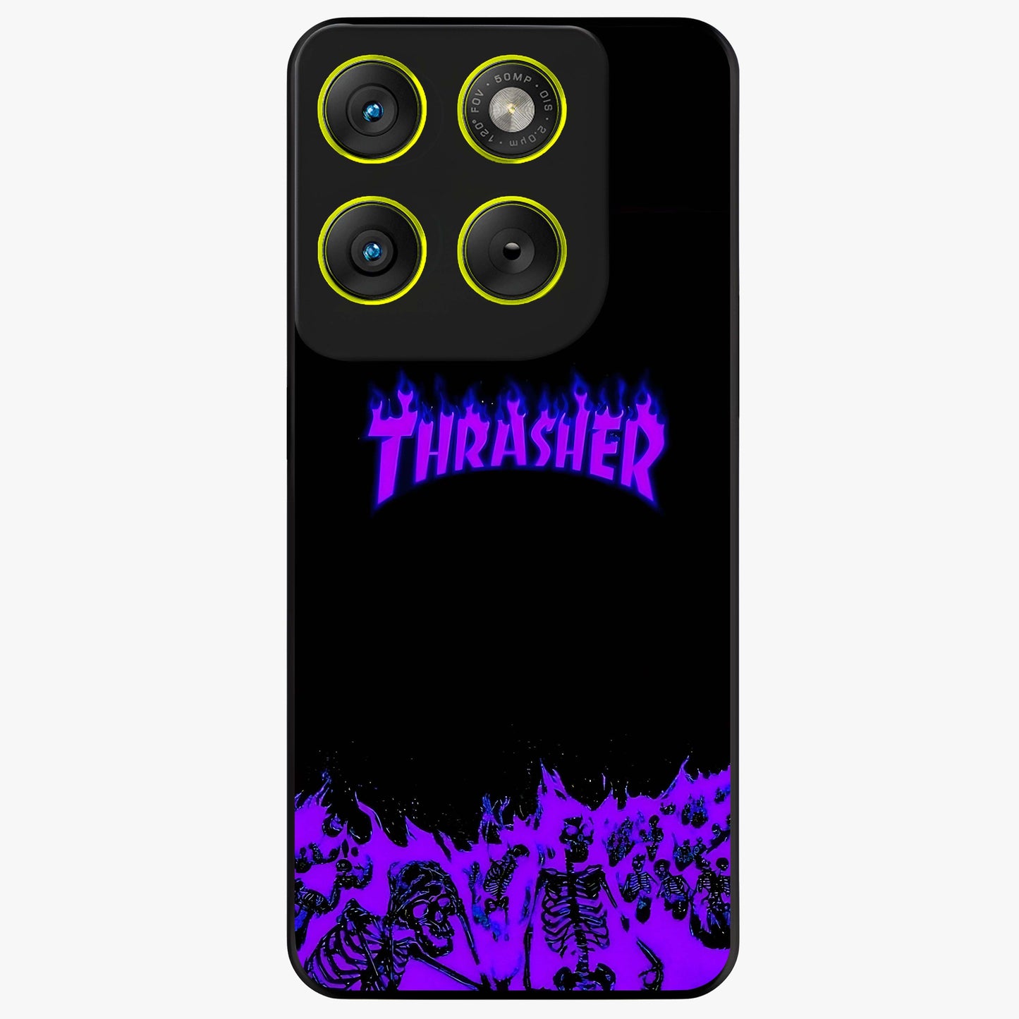Neon Flame Riot Glass Case showing flat back view with neon flame artwork and glossy glass finish.