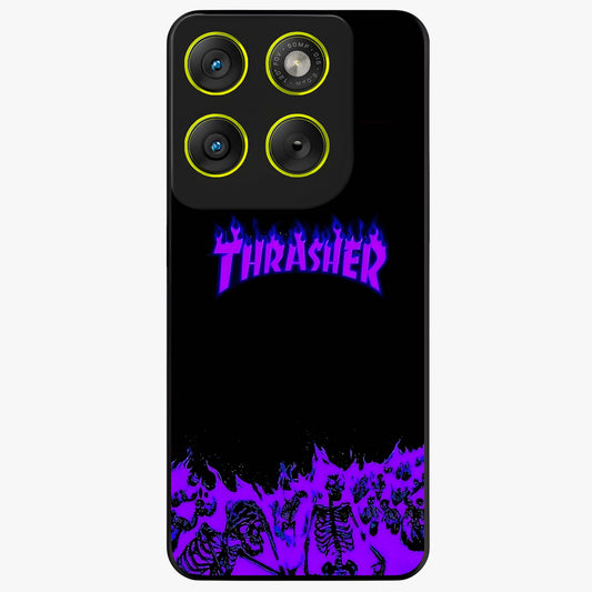 Neon Flame Riot Glass Case showing flat back view with neon flame artwork and glossy glass finish.