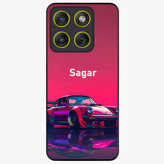 Neon Pink Porsche Glass Case showing flat back view with stylish sports car artwork and glossy glass finish.