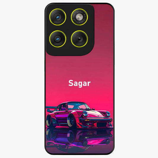 Neon Pink Porsche Glass Case showing flat back view with stylish sports car artwork and glossy glass finish.