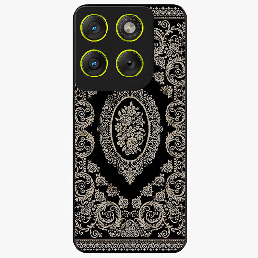 Noir Bloom Elegance Glass Case showing flat back view with elegant dark floral artwork and glossy glass finish.
