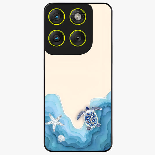 Ocean Drift Turtle Glass Case showing flat back view with sea turtle artwork and glossy glass finish.