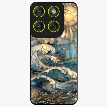 Oceanic Stained Printed Glass Case showing flat back view with ocean inspired stained pattern artwork and glossy glass finish.