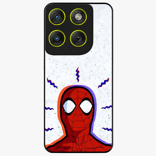 Omg Spiderman Glass Case showing flat back view with bold superhero inspired artwork and glossy glass finish.