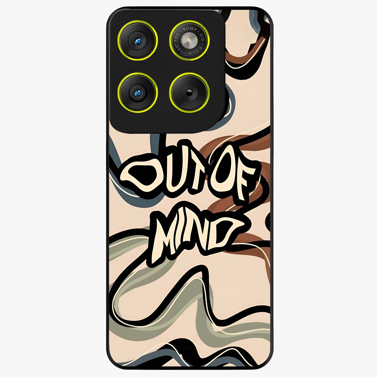 Out Of Mind Glass Case showing flat back view with expressive typography artwork and glossy glass finish.