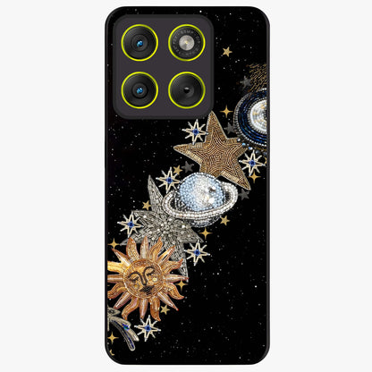 Pearls Universe Object Glass Case showing flat back view with pearl inspired cosmic artwork and glossy glass finish.