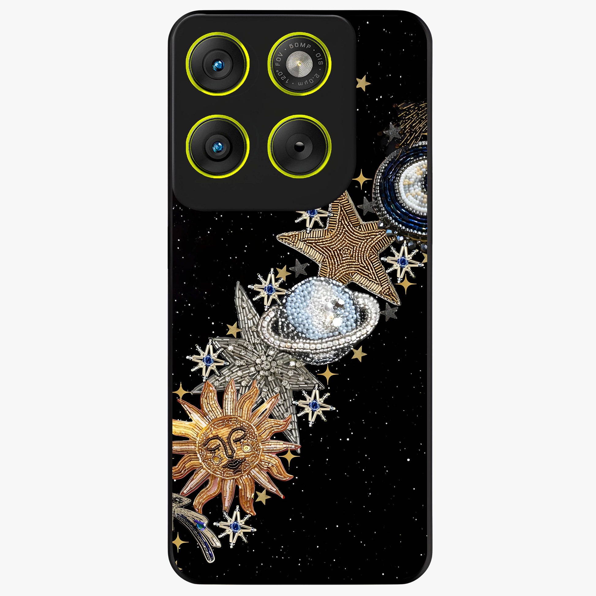 Pearls Universe Object Glass Case showing flat back view with pearl inspired cosmic artwork and glossy glass finish.
