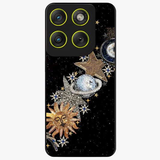 Pearls Universe Object Glass Case showing flat back view with pearl inspired cosmic artwork and glossy glass finish.