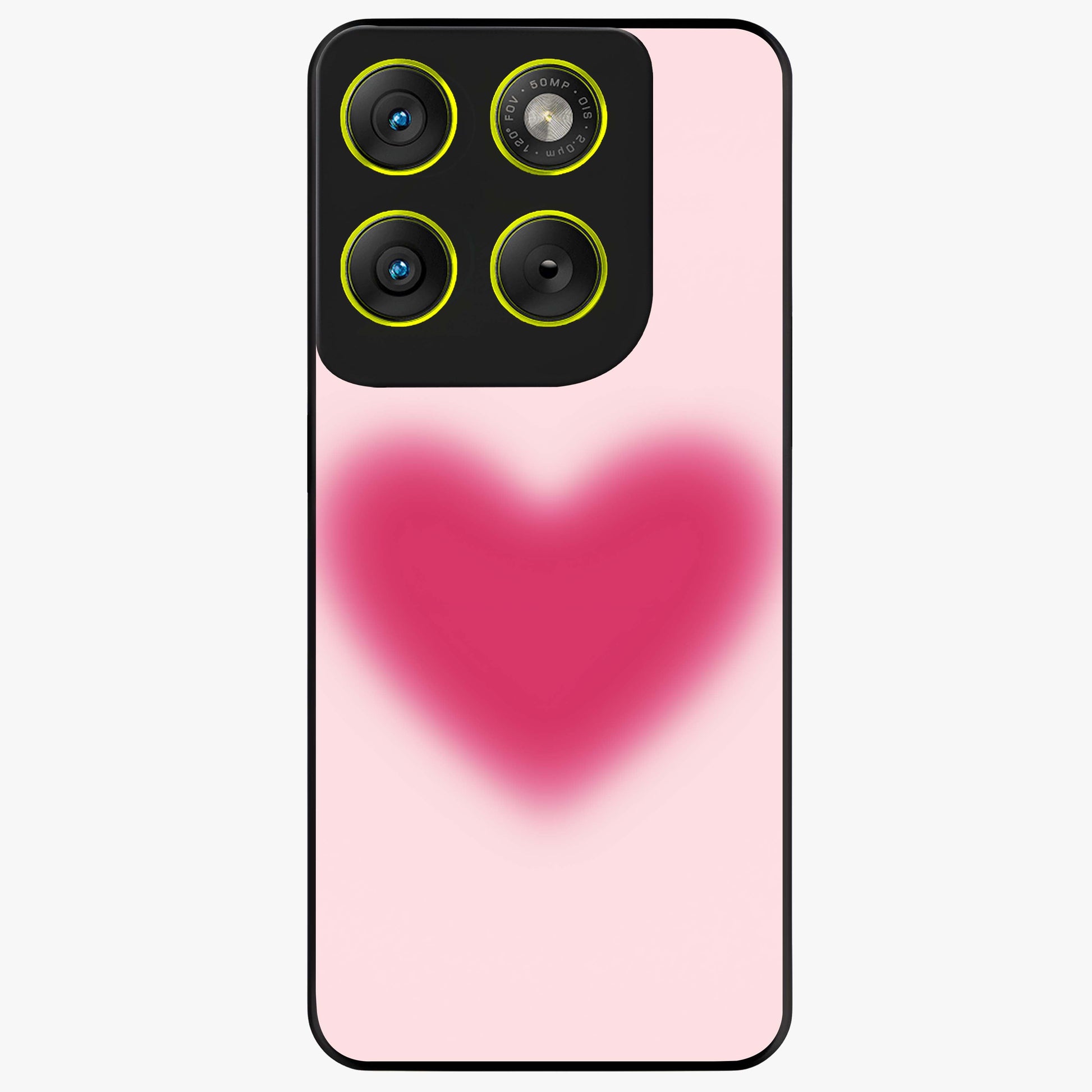 Pink Aura Heart Glass Case showing flat back view with glowing heart artwork and glossy glass finish.