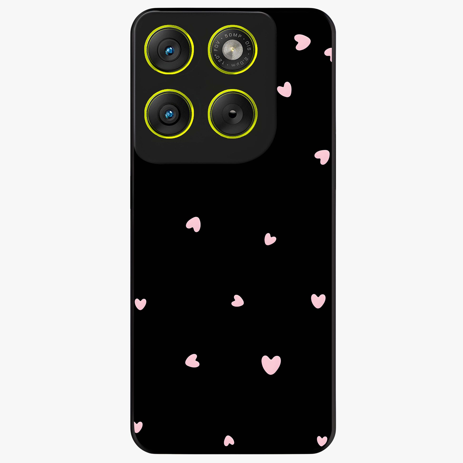 Pink Love Drops Glass Case showing flat back view with playful pink heart drops artwork and glossy glass finish.
