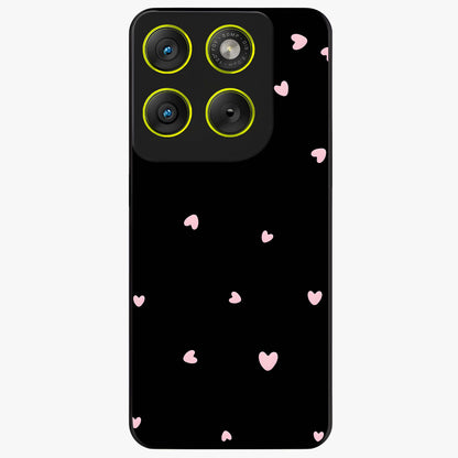 Pink Love Drops Glass Case showing flat back view with playful pink heart drops artwork and glossy glass finish.