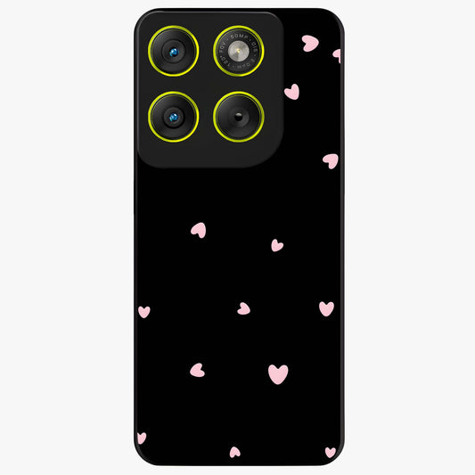 Pink Love Drops Glass Case showing flat back view with playful pink heart drops artwork and glossy glass finish.