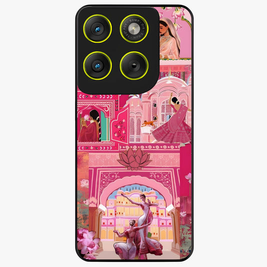 Pink Palace Muse Glass Case showing flat back view with elegant palace inspired artwork and glossy glass finish.