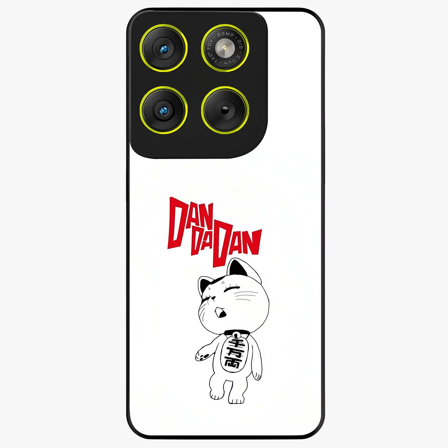 Playful Spirit Charm Glass Case showing flat back view with cheerful charm themed artwork and glossy glass finish.