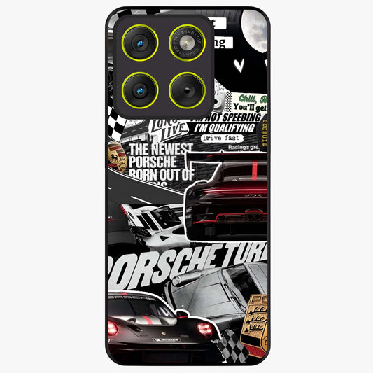 Porsche Racing Collage Glass Case showing flat back view with sports car racing collage artwork and glossy glass finish.