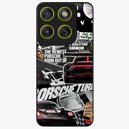 Porsche Racing Collage Glass Case showing flat back view with sports car racing collage artwork and glossy glass finish.