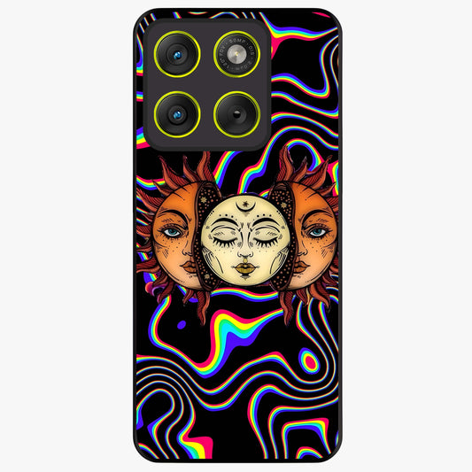 Psychedelic Sun Glass Case showing flat back view with colorful psychedelic sun artwork and glossy glass finish.