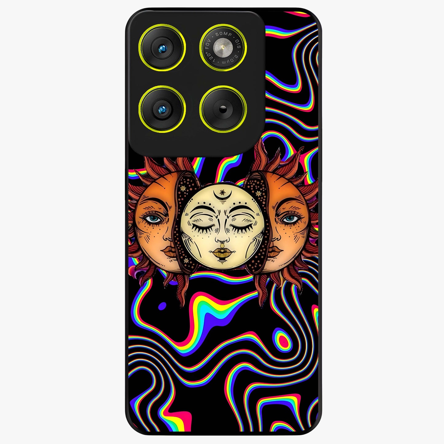 Psychedelic Sun Glass Case showing flat back view with colorful psychedelic sun artwork and glossy glass finish.