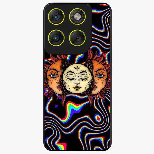 Psychedelic Sun Glass Case showing flat back view with colorful psychedelic sun artwork and glossy glass finish.