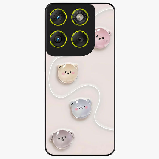 Puffy Face Parade Glass Case showing flat back view with cute puffy character faces artwork and glossy glass finish.