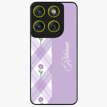 Purple Diamond Floral Glass Case showing flat back view with diamond shaped floral artwork and glossy glass finish.