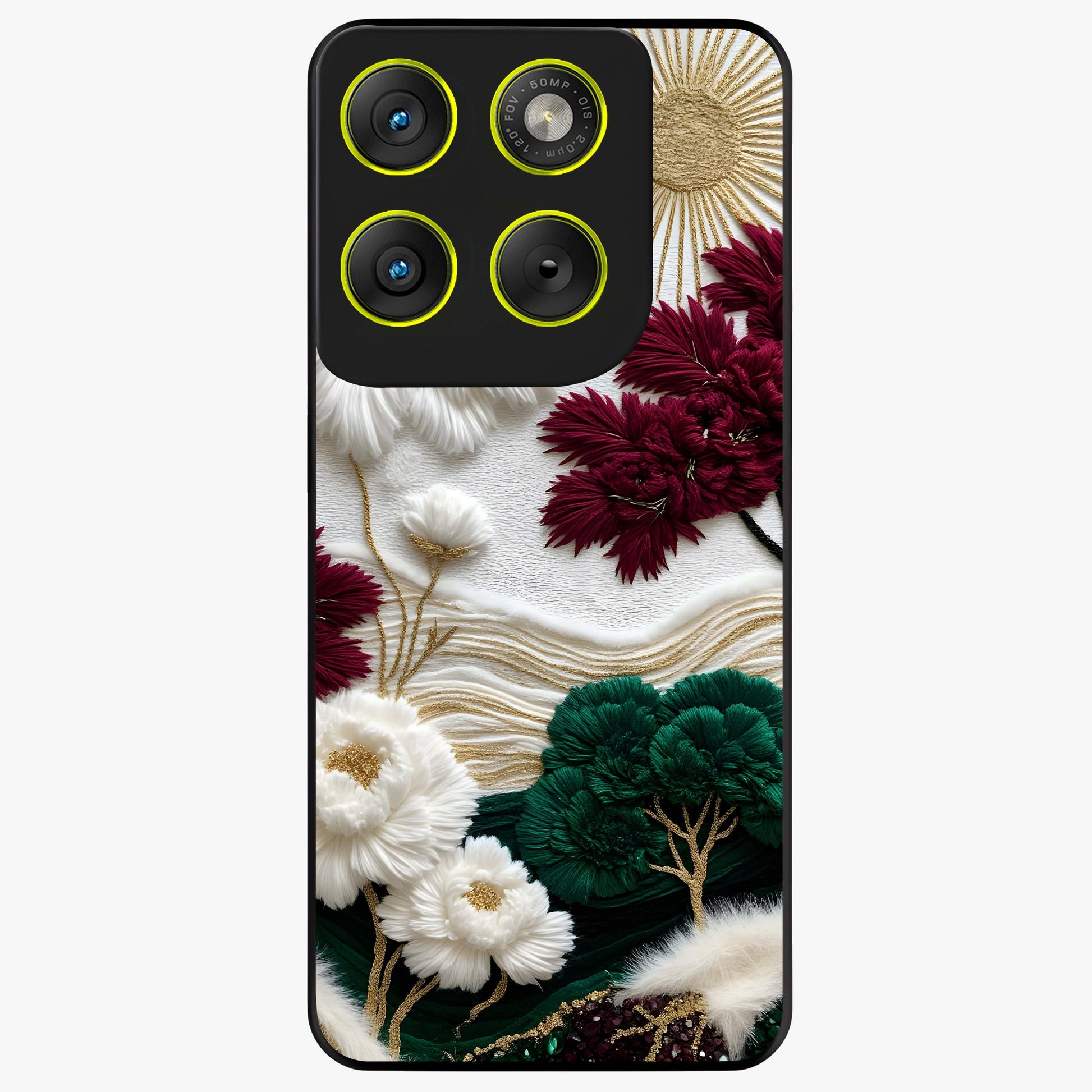 Radiant Bloom Elegance Glass Case showing flat back view with elegant blooming flower artwork and glossy glass finish.