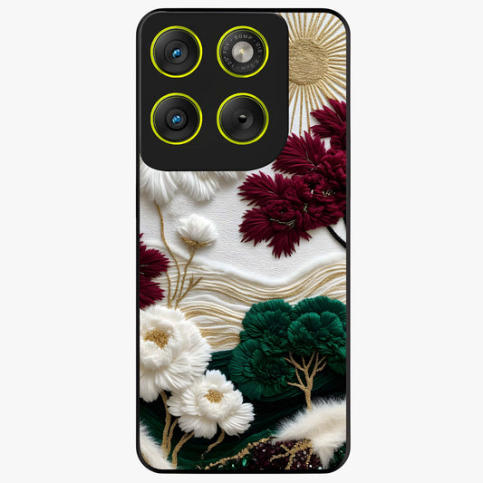 Radiant Bloom Elegance Glass Case showing flat back view with elegant blooming flower artwork and glossy glass finish.