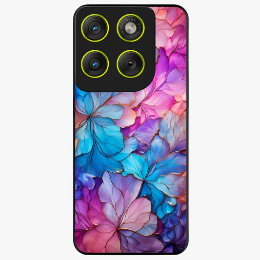 Radiant Floral Whirl Glass Case showing flat back view with swirling floral artwork and glossy glass finish.