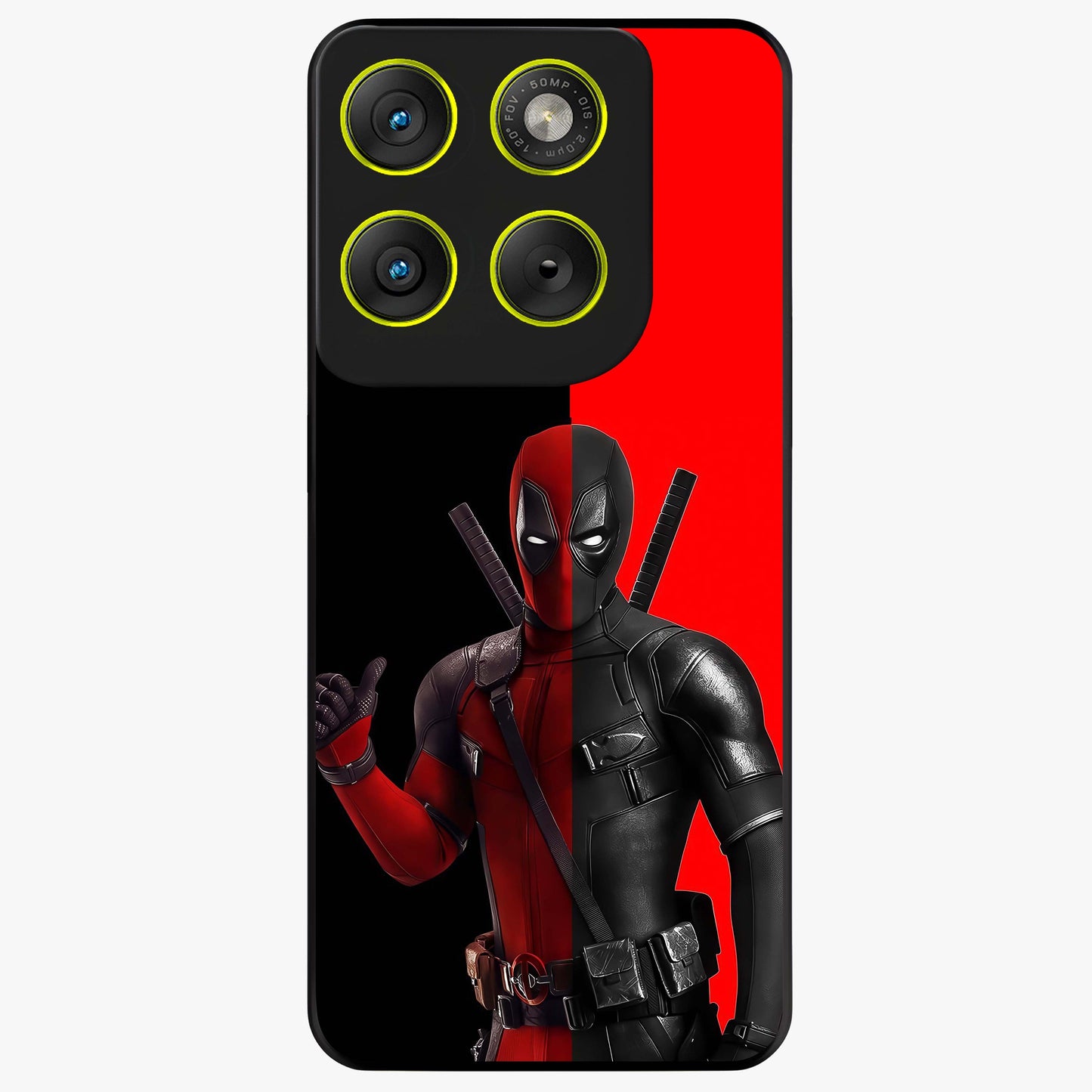 Red & Black Deadpool Theme Glass Case showing flat back view with bold comic inspired artwork and glossy glass finish.