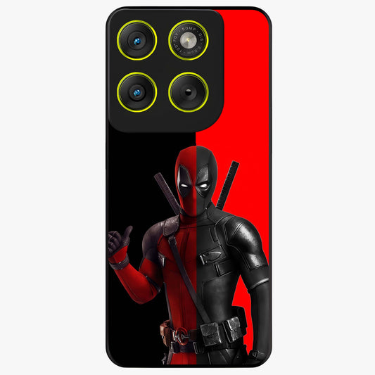 Red & Black Deadpool Theme Glass Case showing flat back view with bold comic inspired artwork and glossy glass finish.