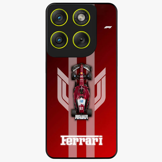 Red Ferrari F1 Vertical Glass Case showing flat back view with sleek Formula racing car artwork and glossy glass finish.
