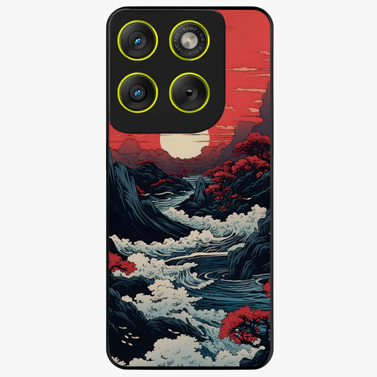 Red Sunset Scenery Glass Case showing flat back view with vibrant sunset landscape artwork and glossy glass finish.