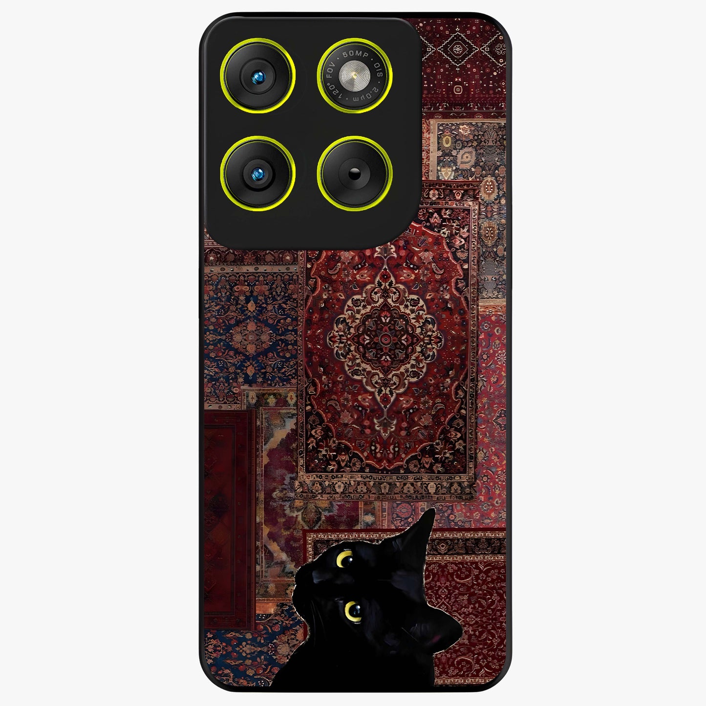 Regal Magic Cat Apple Glass Case showing flat back view with magical cat artwork holding apple and glossy glass finish.