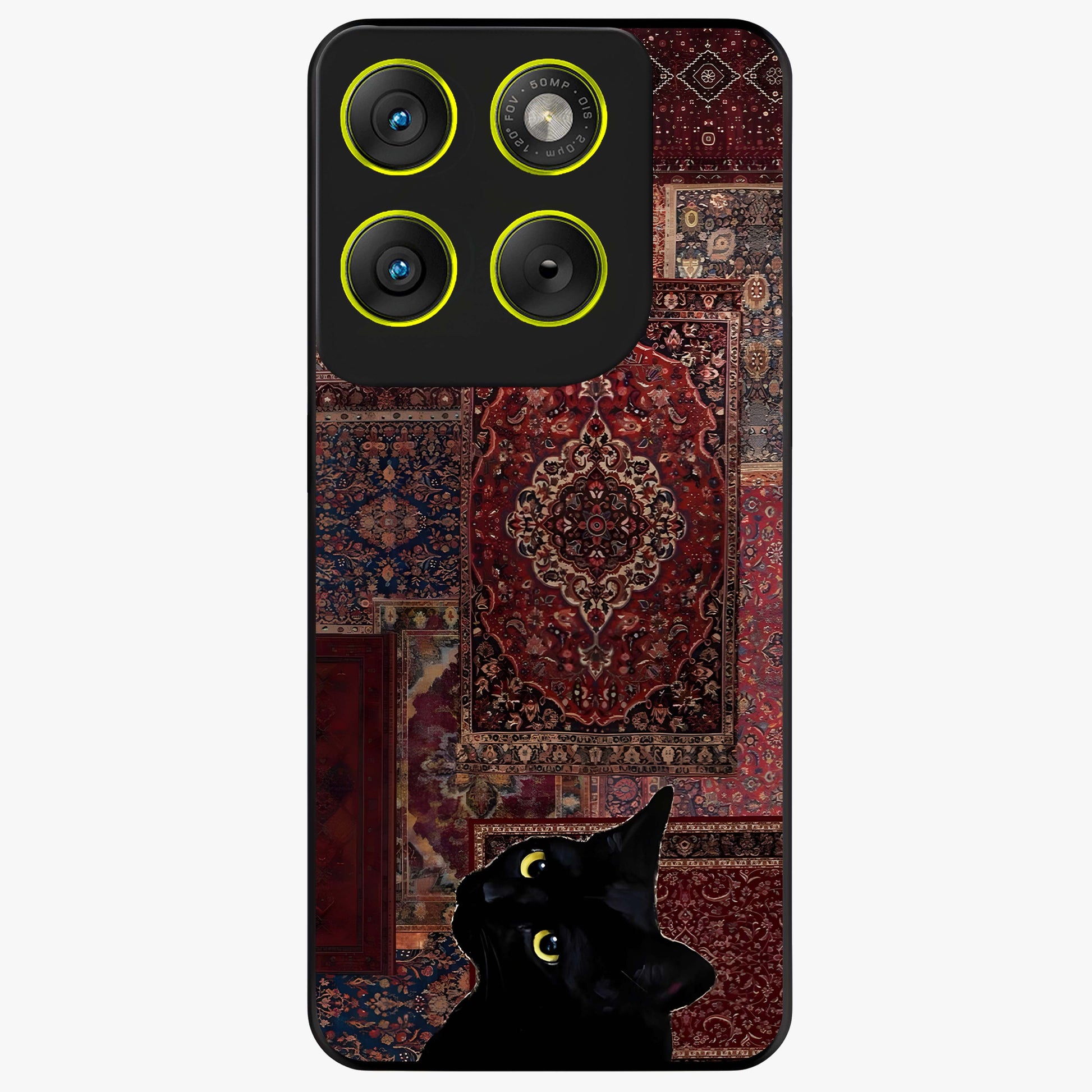 Regal Magic Cat Apple Glass Case showing flat back view with magical cat artwork holding apple and glossy glass finish.