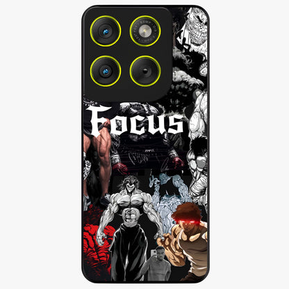 Relentless Power Focus Glass Case showing flat back view with motivational typography artwork and glossy glass finish.