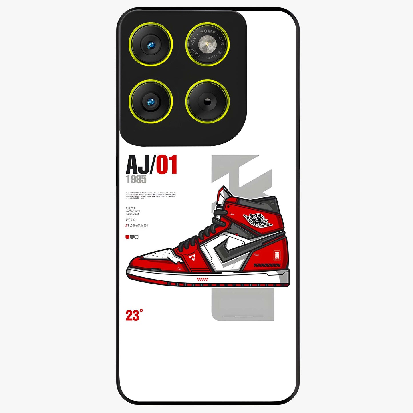 Retro Sneaker Blueprint Glass Case showing flat back view with sneaker blueprint style artwork and glossy glass finish.