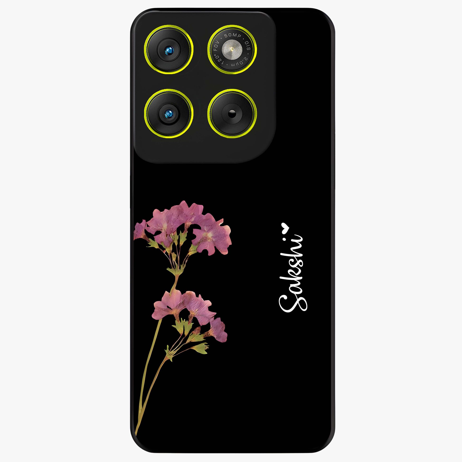 Riching Lavender Flower Custom Name Glass Case showing flat back view with lavender floral artwork and personalized name design.